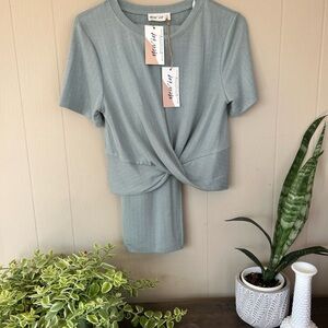 Twist Front Ribbed top and skirt set in Sage